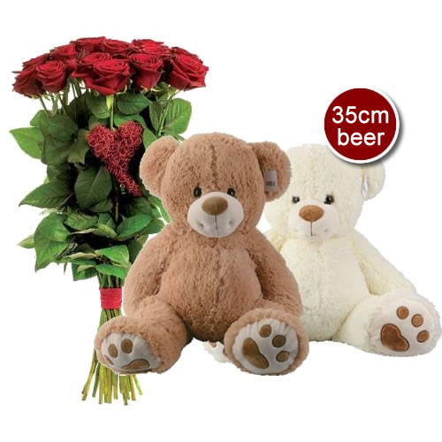 Valentijn beer + 15 rode rozen
